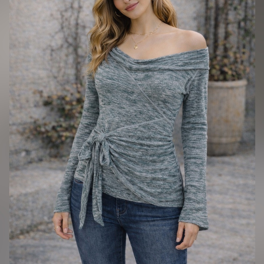 Free People Textured Knit Top in Gray and Green